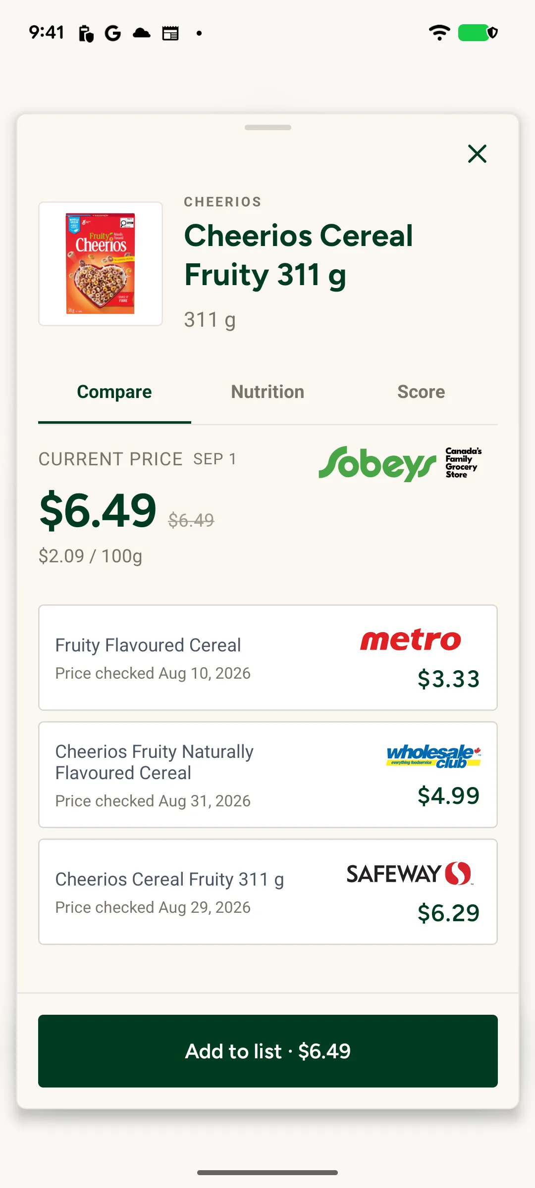 App screenshot: store filter wheel with Canadian retailer logos above search results