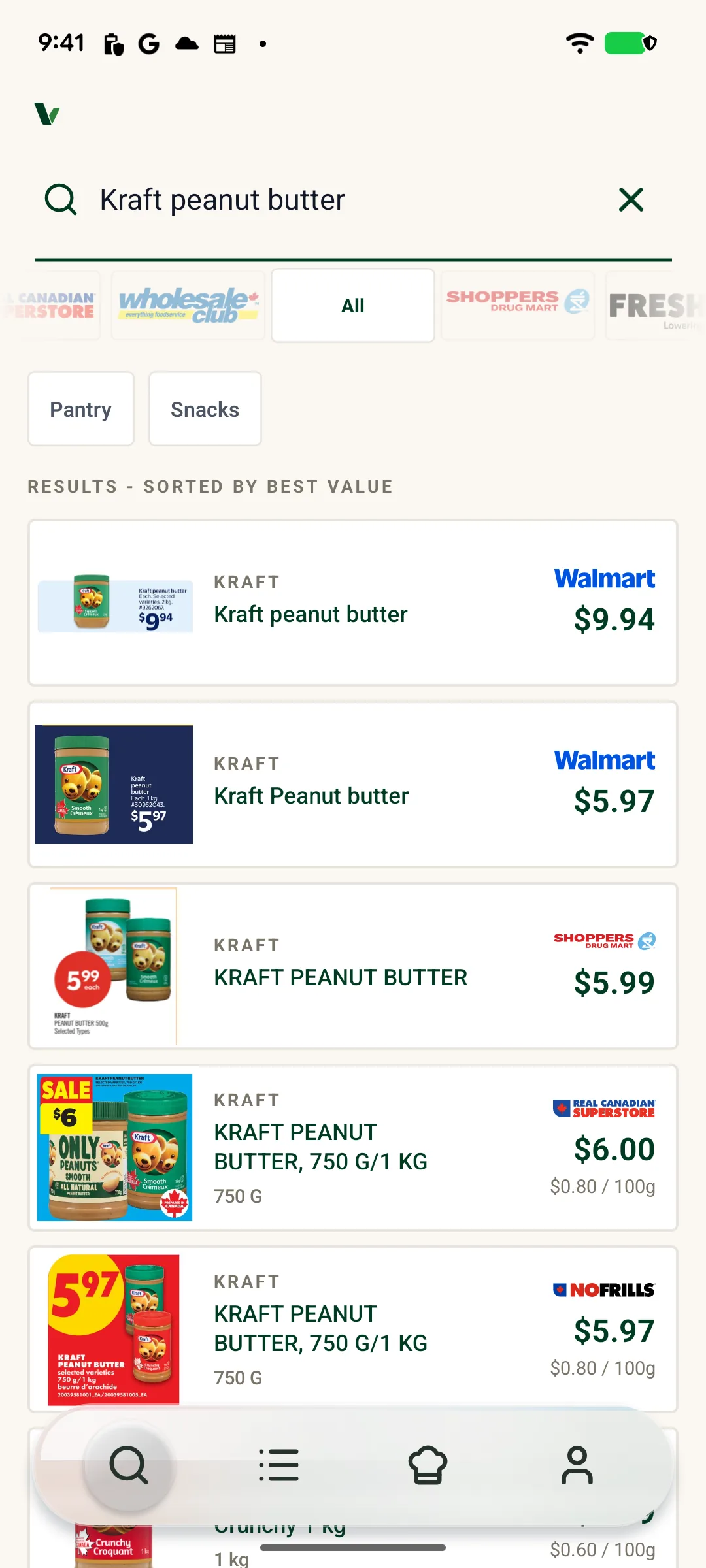 App screenshot: home screen with the floating glass search dock and grocery price comparison results