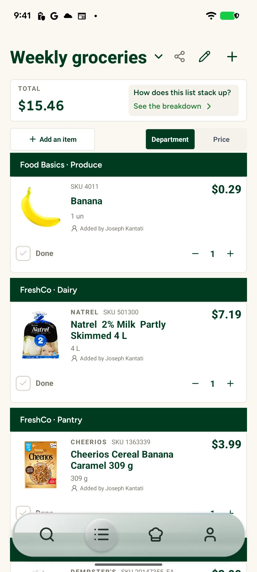 App screenshot: barcode scanner sheet mid-scan with matching store offers listed below